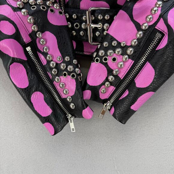 Azalea Wang Faux Leather Jacket Women's S Pink Black Pink Leopard Studded Moto - Picture 12 of 12